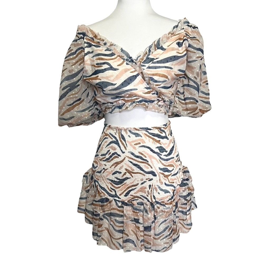 Saylor 2-Piece Set Large 2PC Crop Top Smocked Mini Skirt Abstract Zebra Tan Blue
